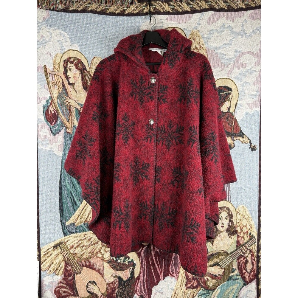 The Vermont Country Store Cape Sweater Poncho Red Wool Blend Hood Size L/XL USA